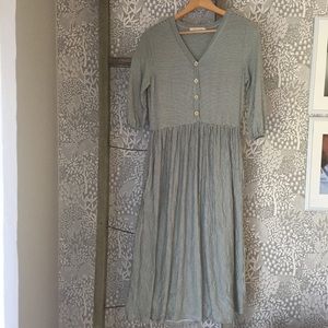 Olive Striped Midi Dress with Buttons & Pockets